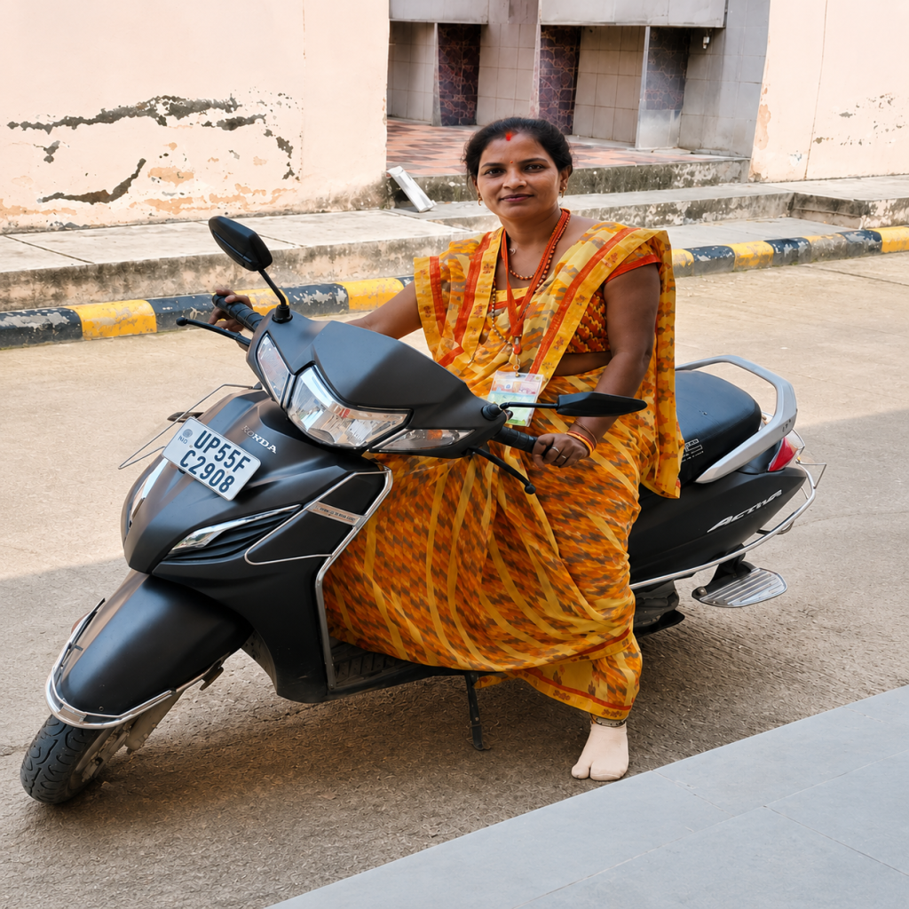 Woman in a yellow-orange saree sits on a black Honda Activa scooter parked on a street, smiling at the camera.