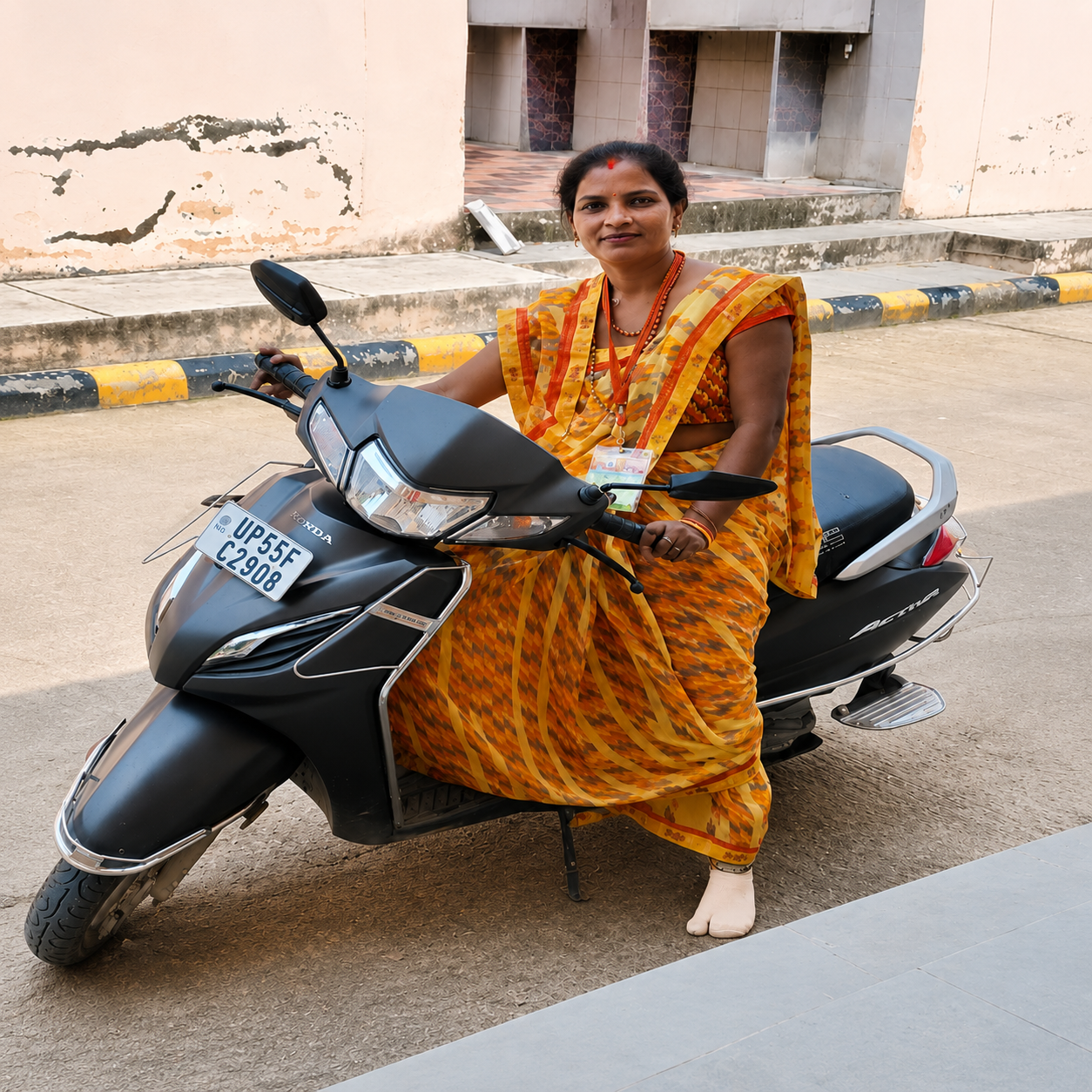 Woman in a yellow-orange saree sits on a black Honda Activa scooter parked on a street, smiling at the camera.