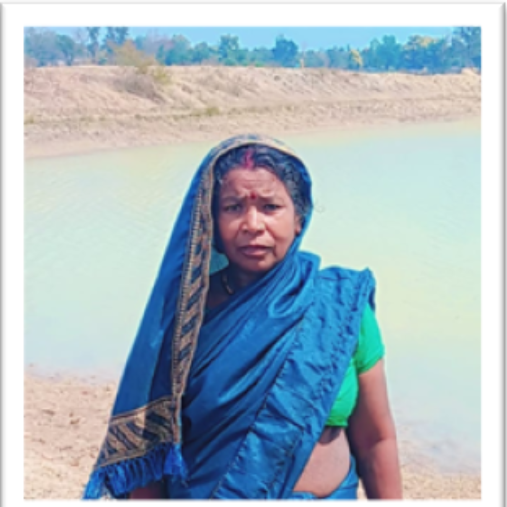 Woman in a vibrant blue saree with green blouse standing beside a pale blue lake or pond, looking toward the camera.