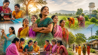 Group of Indian women in bright saris outdoors, smiling and socializing in a rural field.