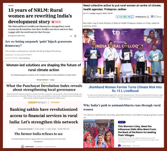 Collage of headlines and photos about rural women’s empowerment in India, highlighting NRLM success stories and women farmers’ achievements.