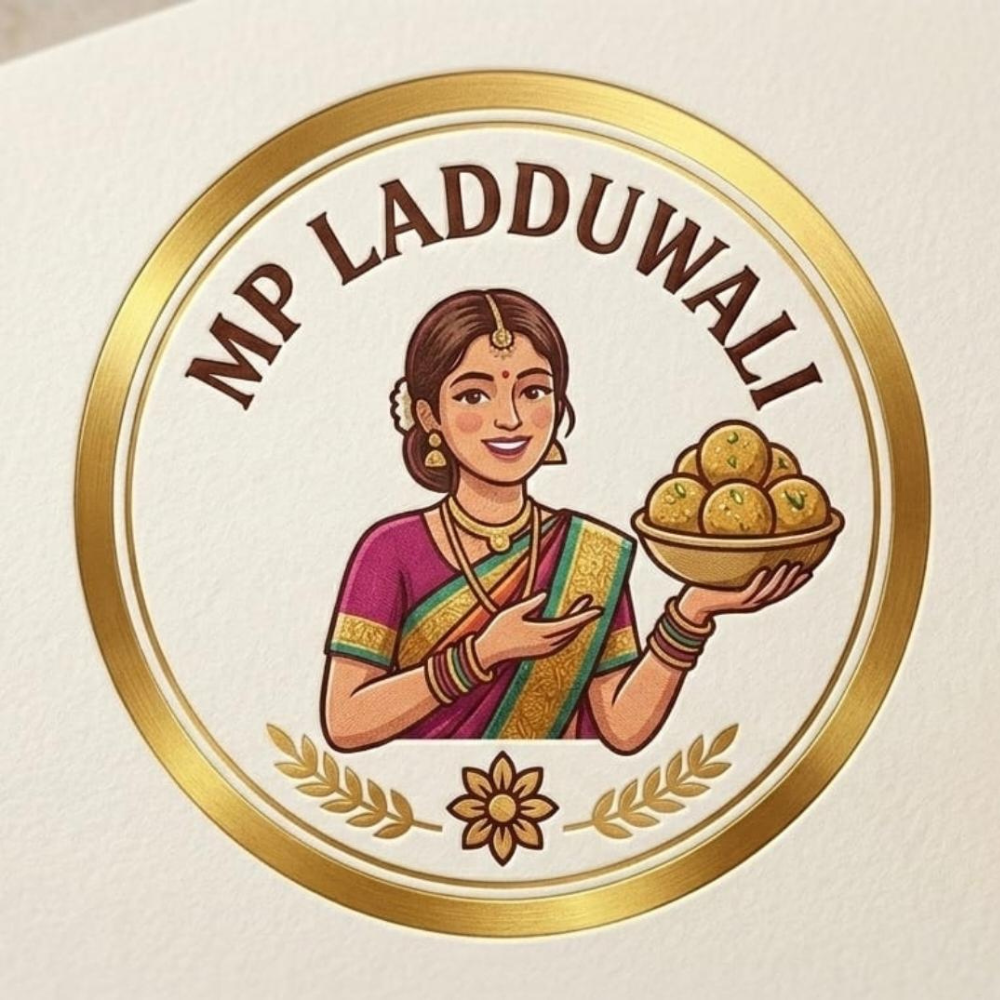 Logo illustration of a woman in a sari offering a bowl of ladoos inside a gold ring, with 'MP LADDUDWALI' text.