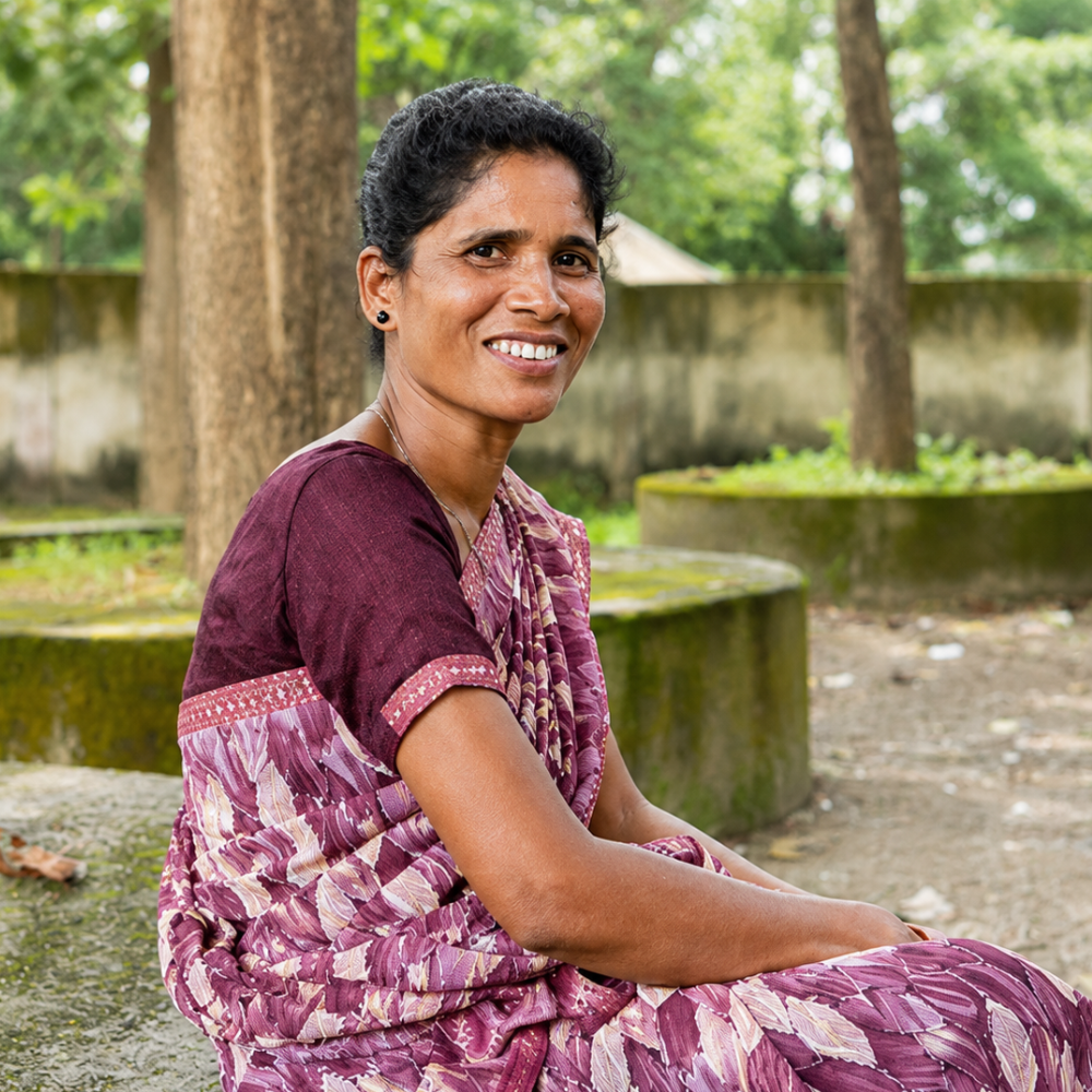 Smiling woman in a purple patterned sari sits on a mossy bench in a green outdoor park setting.