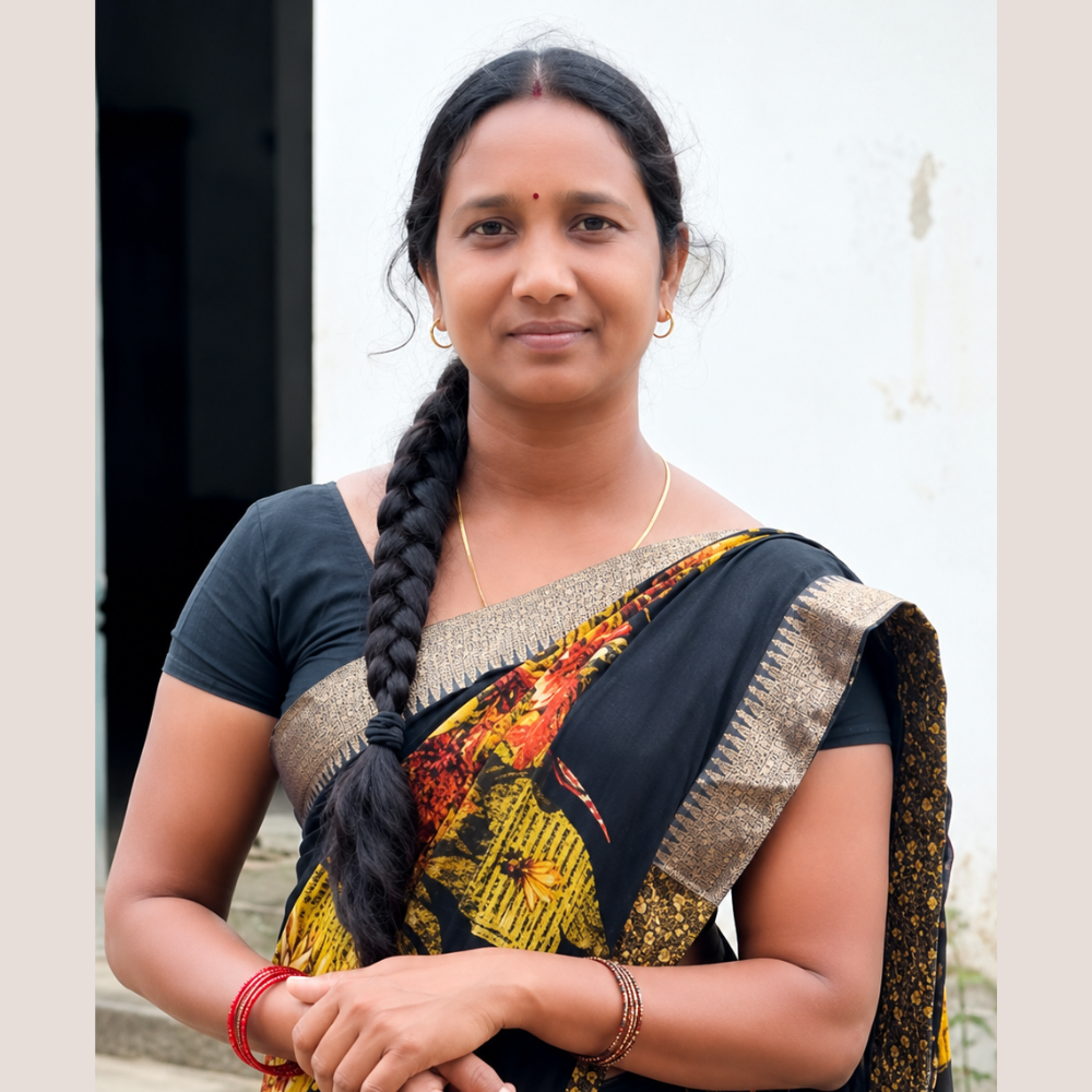 Indian woman in a black and gold saree, with a long braid and gold jewelry, standing outdoors and smiling softly.